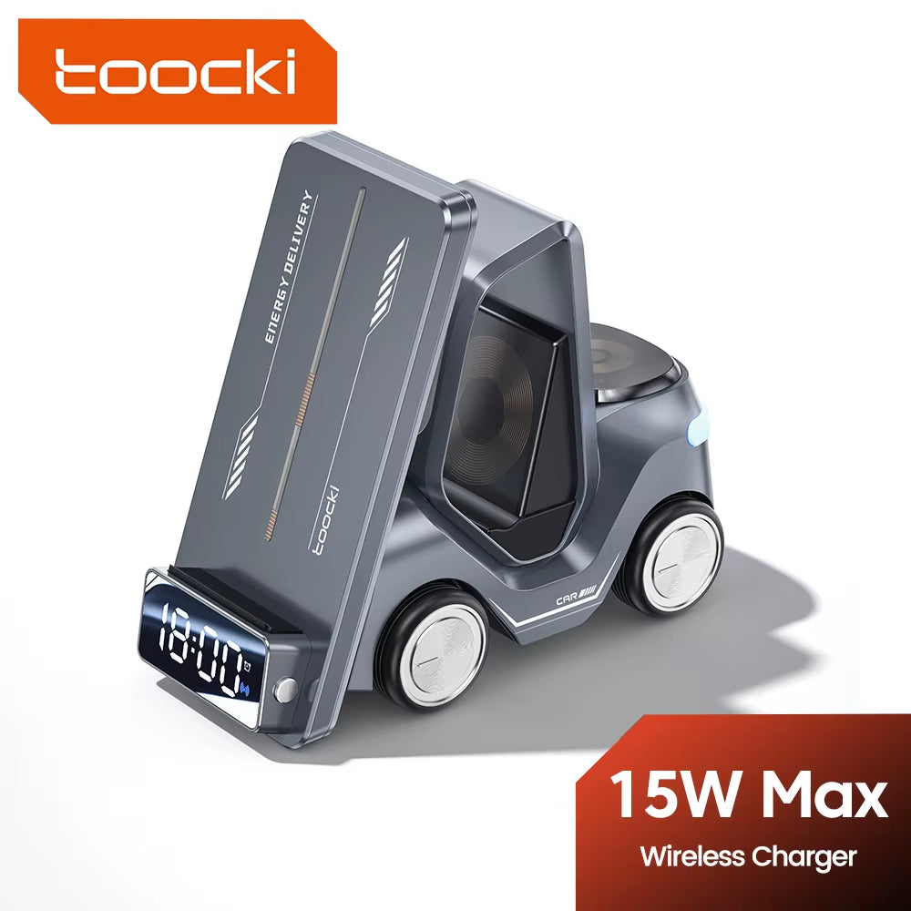 Toocki T20 Magnetic Wireless Charger Phone Stand Pad for Iphone Samsung Car Alarm Clock Display Desk Fast Charger with Taillight