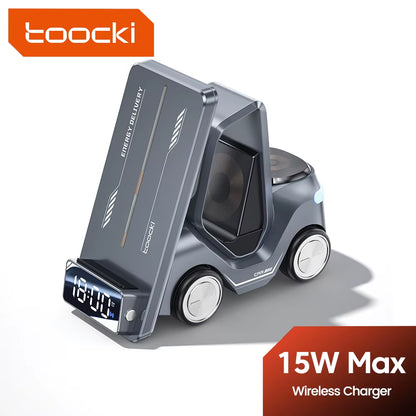 Toocki T20 Magnetic Wireless Charger Phone Stand Pad for Iphone Samsung Car Alarm Clock Display Desk Fast Charger with Taillight